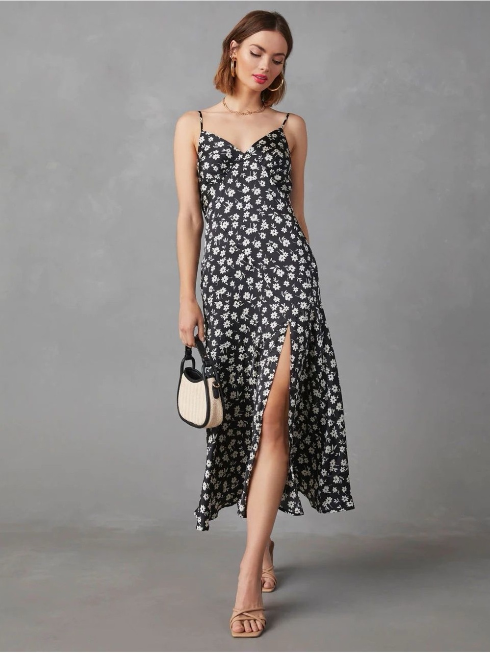 Vici Black Floral Maxi Slip Dress with Side Slit
